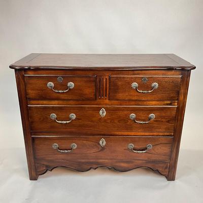 Sale Photo Thumbnail #1380: Has one small chip on front, scalloped hardware, oak wood
Measures: 48" wide x 20" deep x 36" high