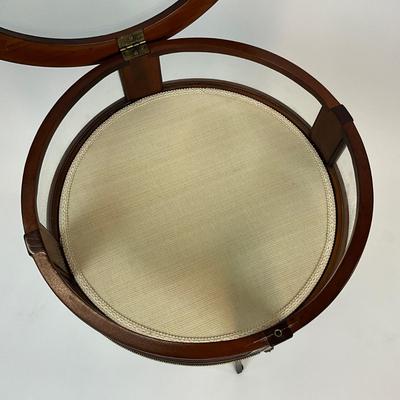 Sale Photo Thumbnail #1386: One side hinged top, has removable bottom glass insert, has brass/gold metal hardware
Measures: 19.5" diameter x 27.5" high