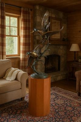 Sale Photo Thumbnail #1394: Against the Wind is an elegant rendition of a pair of mallards cutting through the wind for a landing .  The design incorporates beautiful "S" curves and circular motion rising out of an integrated formal bronze base.  This piece is suitable for indoor, o