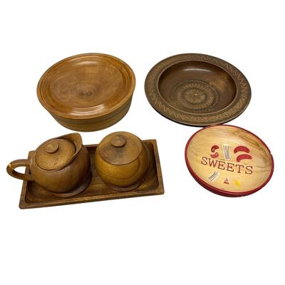 Sale Photo Thumbnail #470: Lot of Wood Decor, Sweets Bowl made in Japan, Cream and Sugar with Tray, Hand Thrown Bowl in Birch, Carved "Offering Plate" Bowl