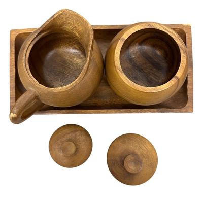 Sale Photo Thumbnail #471: Lot of Wood Decor, Sweets Bowl made in Japan, Cream and Sugar with Tray, Hand Thrown Bowl in Birch, Carved "Offering Plate" Bowl