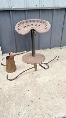 COOL OLD TRACTOR SEAT CHAIR, OIL CAN, & HAY HOOKS