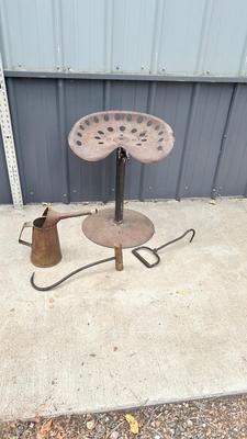 COOL OLD TRACTOR SEAT CHAIR, OIL CAN, & HAY HOOKS