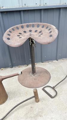 COOL OLD TRACTOR SEAT CHAIR, OIL CAN, & HAY HOOKS