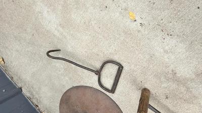 COOL OLD TRACTOR SEAT CHAIR, OIL CAN, & HAY HOOKS