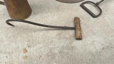 COOL OLD TRACTOR SEAT CHAIR, OIL CAN, & HAY HOOKS