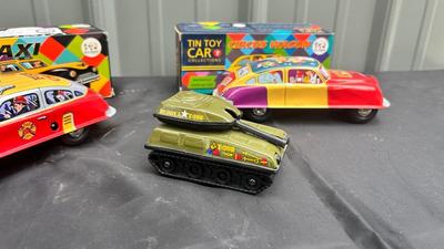 BUDDY L TIN TOY TANK, AND TIN TOY CAR REPLICAS