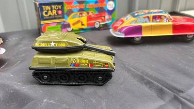 BUDDY L TIN TOY TANK, AND TIN TOY CAR REPLICAS
