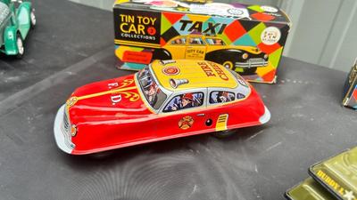 BUDDY L TIN TOY TANK, AND TIN TOY CAR REPLICAS