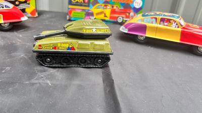 BUDDY L TIN TOY TANK, AND TIN TOY CAR REPLICAS