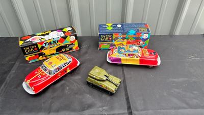 BUDDY L TIN TOY TANK, AND TIN TOY CAR REPLICAS