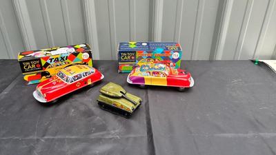 BUDDY L TIN TOY TANK, AND TIN TOY CAR REPLICAS