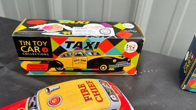 BUDDY L TIN TOY TANK, AND TIN TOY CAR REPLICAS