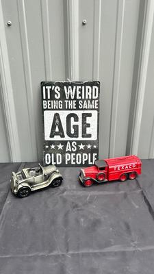 TIN SIGN, TEXACO DIE CAST BANK AND RUBBER MODEL T BANK