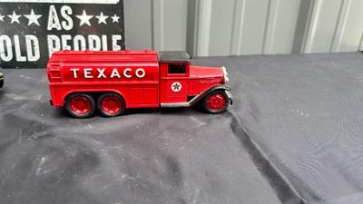 TIN SIGN, TEXACO DIE CAST BANK AND RUBBER MODEL T BANK