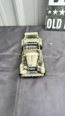 TIN SIGN, TEXACO DIE CAST BANK AND RUBBER MODEL T BANK