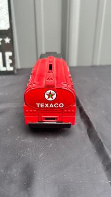 TIN SIGN, TEXACO DIE CAST BANK AND RUBBER MODEL T BANK