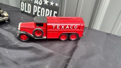 TIN SIGN, TEXACO DIE CAST BANK AND RUBBER MODEL T BANK
