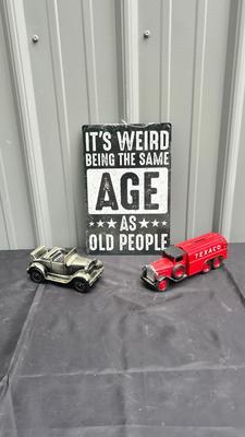 TIN SIGN, TEXACO DIE CAST BANK AND RUBBER MODEL T BANK