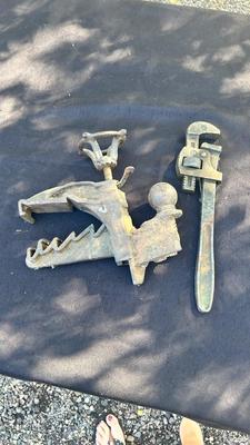 OLD CLAMPING HITCH AND CRESCENT PIPE WRENCH