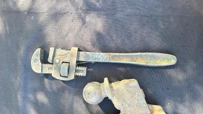 OLD CLAMPING HITCH AND CRESCENT PIPE WRENCH