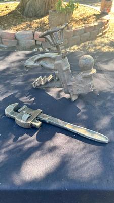 OLD CLAMPING HITCH AND CRESCENT PIPE WRENCH