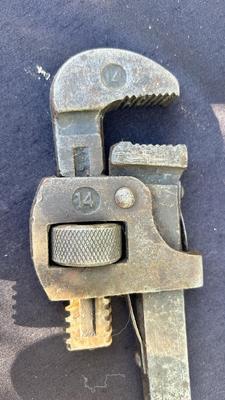 OLD CLAMPING HITCH AND CRESCENT PIPE WRENCH
