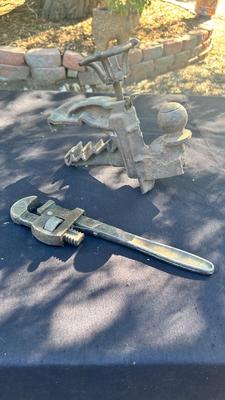 OLD CLAMPING HITCH AND CRESCENT PIPE WRENCH