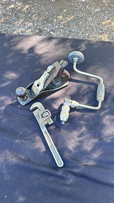STANLEY HAND DRILL & PLANER, CRESCENT PIPE WRENCH