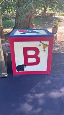 BRASS COLORED CUBE TRUNK, ABC BLOCK BOX AND CLOWN BANK
