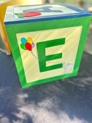 BRASS COLORED CUBE TRUNK, ABC BLOCK BOX AND CLOWN BANK