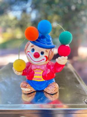 BRASS COLORED CUBE TRUNK, ABC BLOCK BOX AND CLOWN BANK