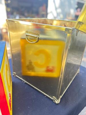 BRASS COLORED CUBE TRUNK, ABC BLOCK BOX AND CLOWN BANK
