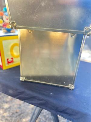 BRASS COLORED CUBE TRUNK, ABC BLOCK BOX AND CLOWN BANK