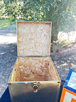 BRASS COLORED CUBE TRUNK, ABC BLOCK BOX AND CLOWN BANK