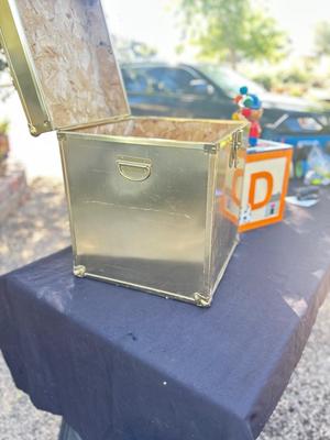 BRASS COLORED CUBE TRUNK, ABC BLOCK BOX AND CLOWN BANK
