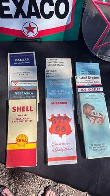TEXACO SIGN, LED LIGHT AND VINTAGE ROAD MAPS