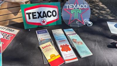 TEXACO SIGN, LED LIGHT AND VINTAGE ROAD MAPS