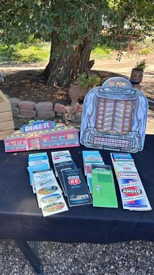 RETRO DINER SIGN, JUKEBOX SIGN, & VINTAGE ROAD MAPS