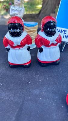 VINTAGE SALT AND PEPPER SHAKERS, TOOTHPICK HOLDERS, AND TIN SIGN