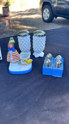 VINTAGE SALT AND PEPPER SHAKERS, TOOTHPICK HOLDERS, AND TIN SIGN