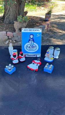 VINTAGE SALT AND PEPPER SHAKERS, TOOTHPICK HOLDERS, AND TIN SIGN