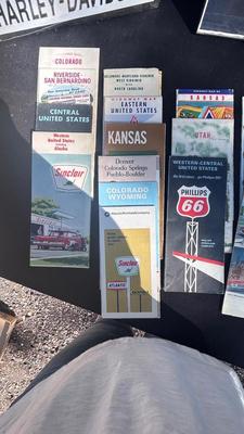 HARLEY DAVIDSON TIN SIGN, STURGIS FRAMED PRINT, VTG ROAD MAPS WITH MAN CAVE LED LIGHT