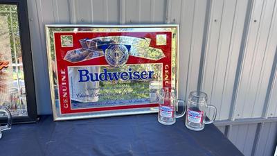 COOL OLD BUDWEISER MIRROR AND BEER MUGS