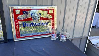 COOL OLD BUDWEISER MIRROR AND BEER MUGS