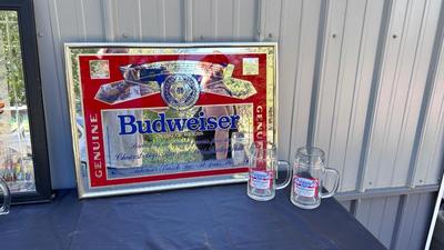 COOL OLD BUDWEISER MIRROR AND BEER MUGS