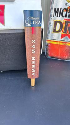 MICHELOB IGLOO COOLER, BEER TAP HANDLE AND TIN SIGN