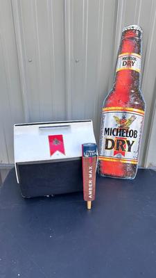 MICHELOB IGLOO COOLER, BEER TAP HANDLE AND TIN SIGN