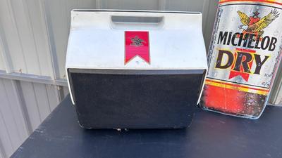 MICHELOB IGLOO COOLER, BEER TAP HANDLE AND TIN SIGN
