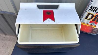 MICHELOB IGLOO COOLER, BEER TAP HANDLE AND TIN SIGN